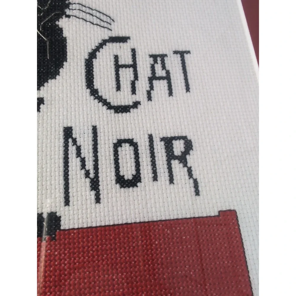 Mod Vintage Le Chat Noir Black Cat Framed/Matted Needlepoint Wall Art Handmade